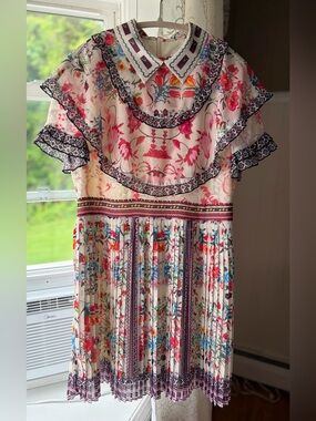 Comino Couture Folk Print Pleated Ruffle Floral Boho Luxe Romantic Dress 14 EUC